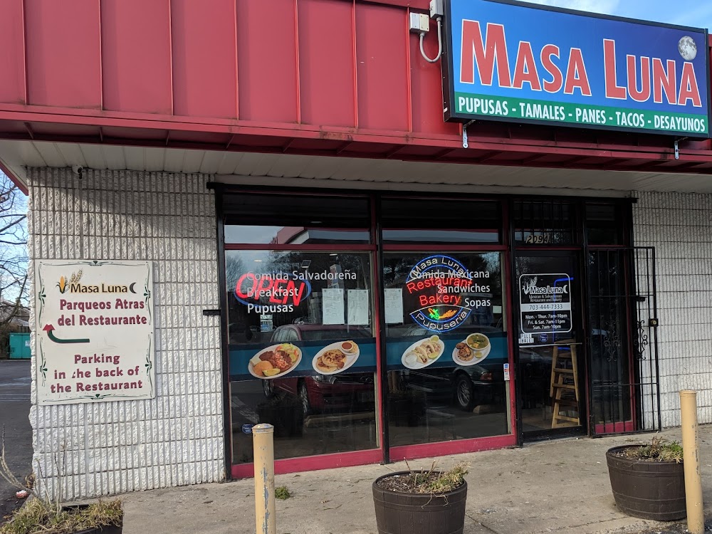 Masa Luna storefront with its red awning on E Holly Ave in Sterling, Virginia